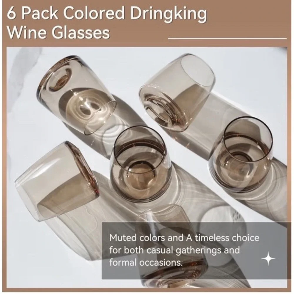 Smokey Grey Stemless Wine Glasses Set of 6-15 oz Hand-Blown Crystal Colored G...